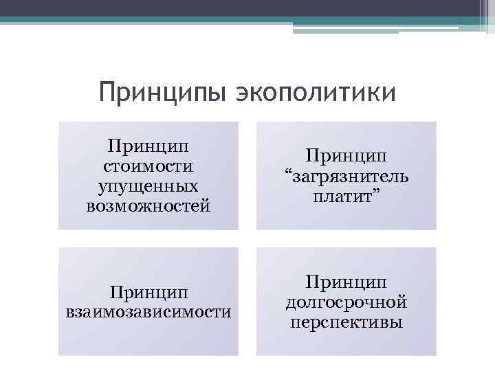 Принципы экополитики Принцип стоимости упущенных возможностей Принцип “загрязнитель платит” Принцип взаимозависимости Принцип долгосрочной перспективы