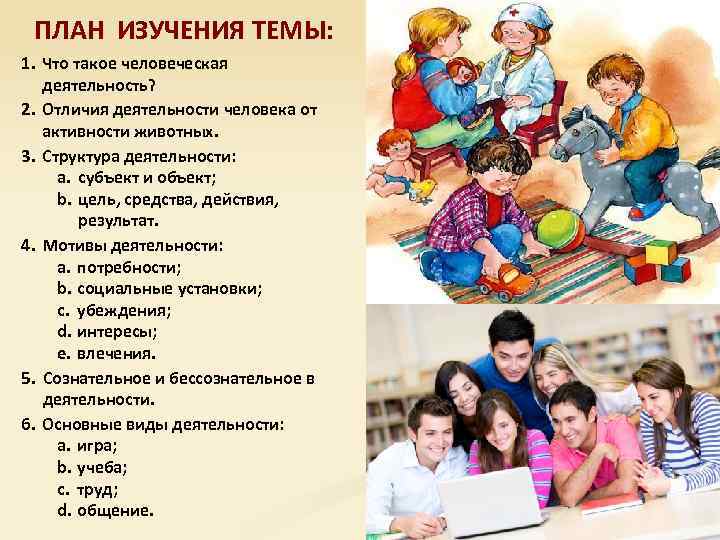 ПЛАН ИЗУЧЕНИЯ ТЕМЫ: 1. Что такое человеческая деятельность? деятельность 2. Отличия деятельности человека от