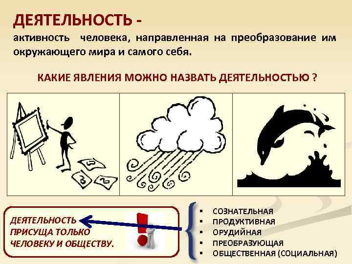 ДЕЯТЕЛЬНОСТЬ - активность человека, направленная на преобразование им окружающего мира и самого себя. КАКИЕ