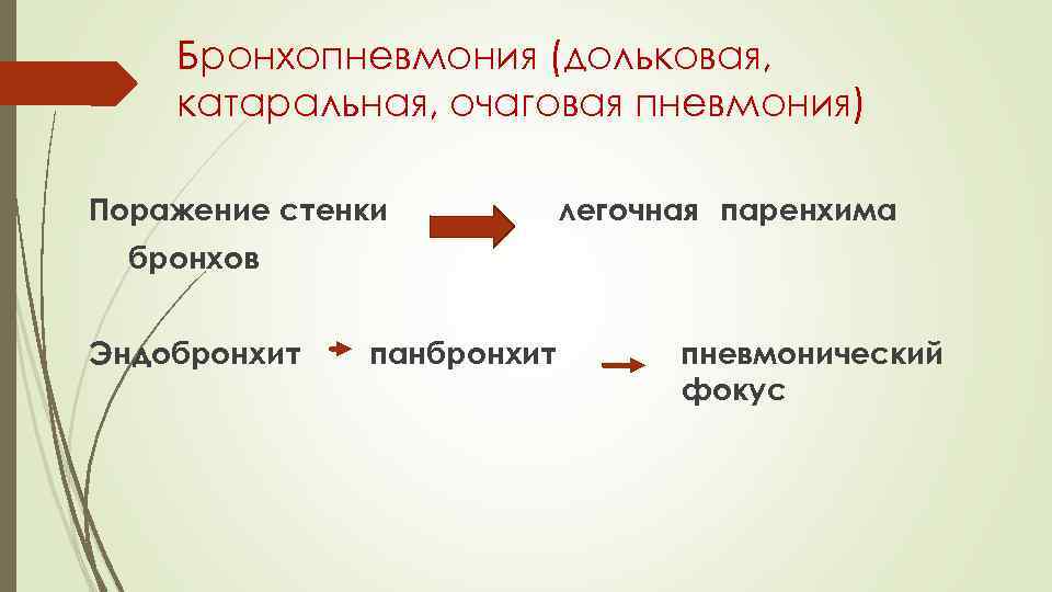 Бронхопневмония (дольковая, катаральная, очаговая пневмония) Поражение стенки легочная паренхима бронхов Эндобронхит панбронхит пневмонический фокус