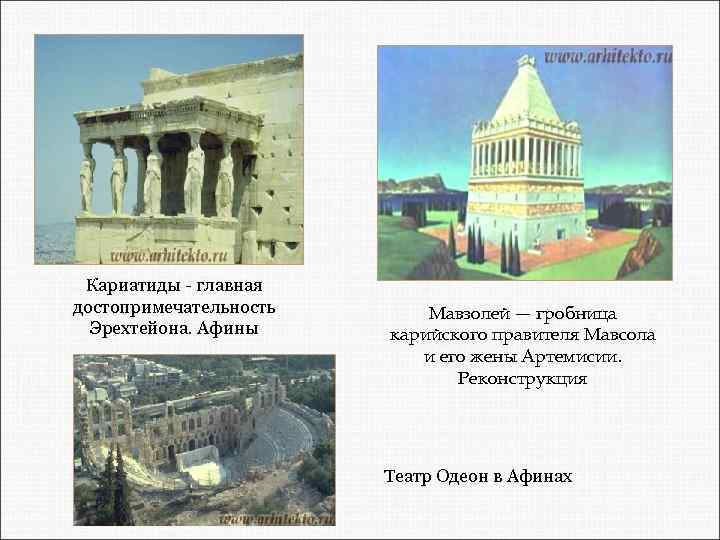 Кариатиды - главная достопримечательность Эрехтейона. Афины Мавзолей — гробница карийского правителя Мавсола и его