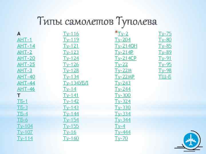 А АНТ-14 АНТ-20 АНТ-25 АНТ-3 АНТ-40 АНТ-44 АНТ-46 ТБ-1 ТБ-3 ТБ-4 ТБ-6 Ту-104 Ту-107