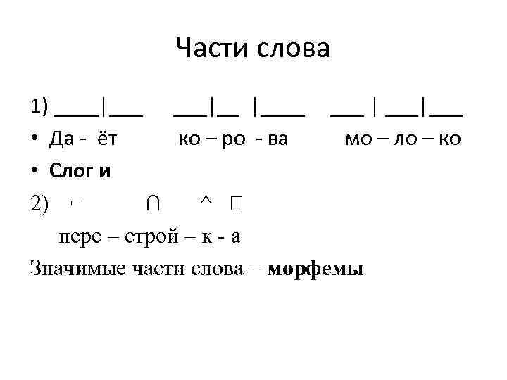 Части слова 1) ____|___ ___|__ |____ | ___|___ • Да - ёт ко –