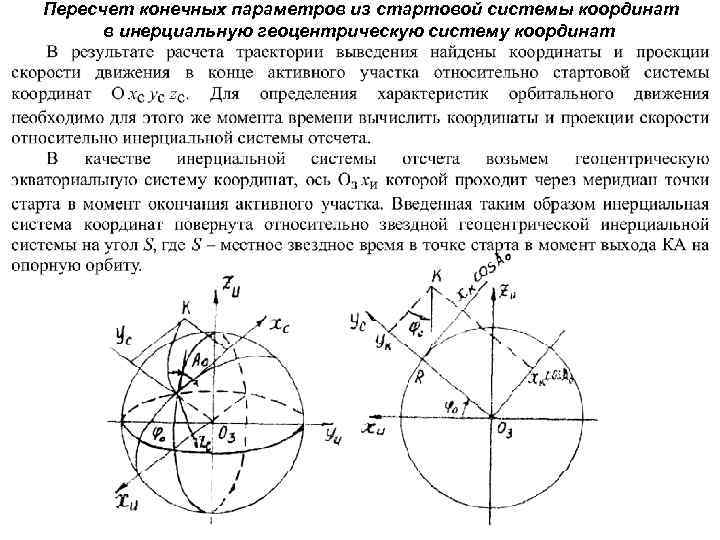 Пересчет конечных параметров из стартовой системы координат в инерциальную геоцентрическую систему координат 