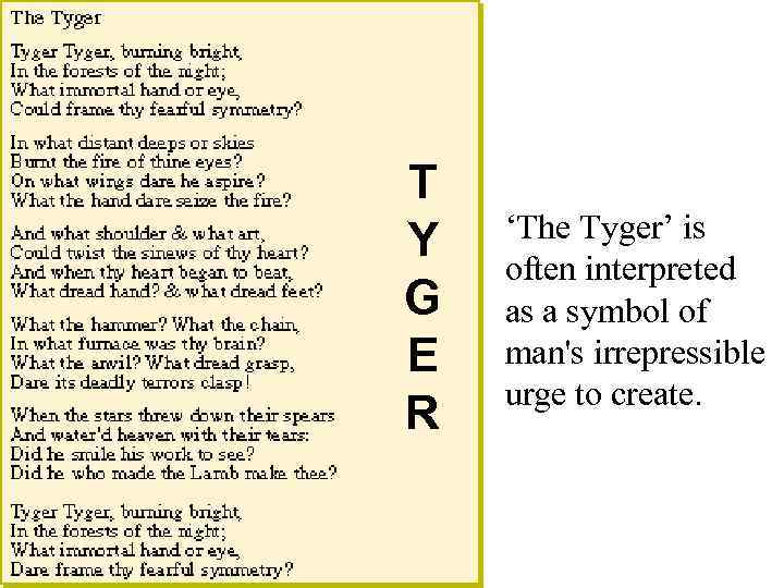 T Y G E R ‘The Tyger’ is often interpreted as a symbol of