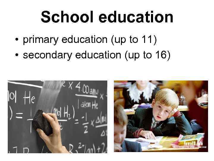 School education • primary education (up to 11) • secondary education (up to 16)