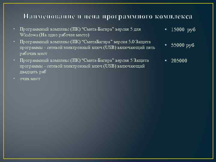 Наименование и цена программного комплекса • Программный комплекс (ПК) “Смета-Багира” версия 5 для Windows