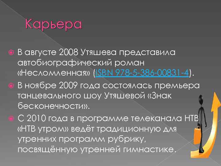 Карьера В августе 2008 Утяшева представила автобиографический роман «Несломленная» (ISBN 978 -5 -386 -00831