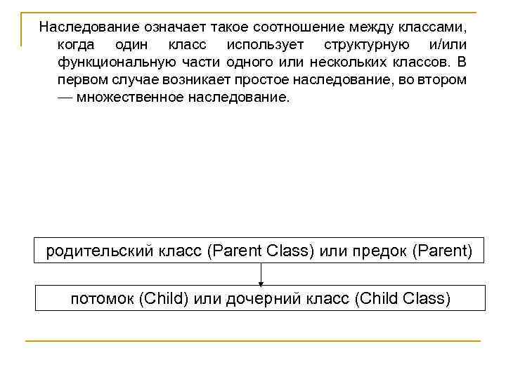 Наследование означает такое соотношение между классами, когда один класс использует структурную и/или функциональную части