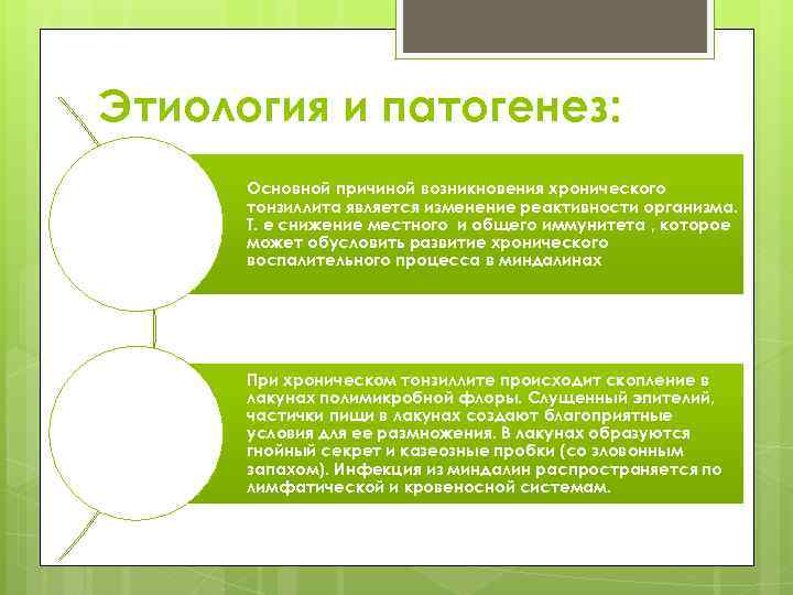 Этиология и патогенез: Основной причиной возникновения хронического тонзиллита является изменение реактивности организма. Т. е