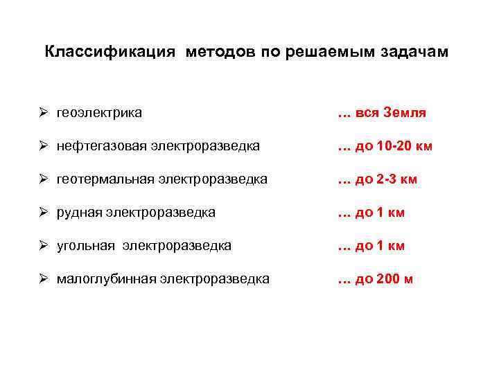 Классификация методов по решаемым задачам Ø геоэлектрика … вся Земля Ø нефтегазовая электроразведка …