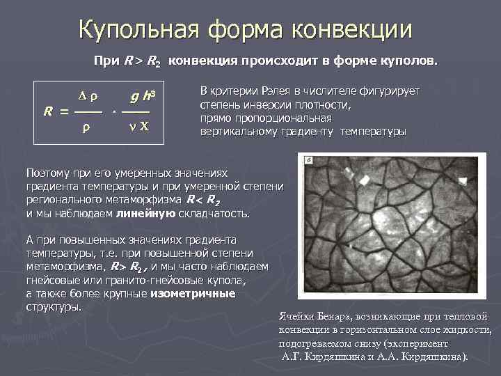Купольная форма конвекции При R R 2 конвекция происходит в форме куполов. g h