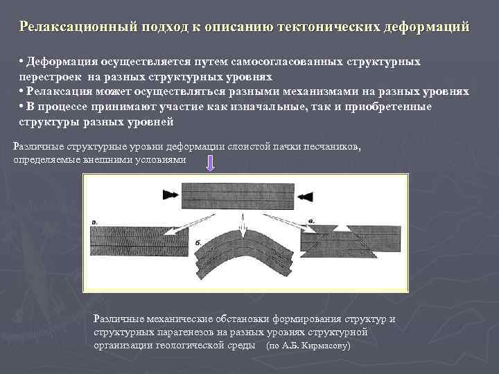 Релаксационный подход к описанию тектонических деформаций • Деформация осуществляется путем самосогласованных структурных перестроек на