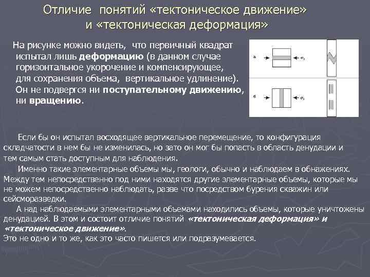 Отличие понятий «тектоническое движение» и «тектоническая деформация» На рисунке можно видеть, что первичный квадрат
