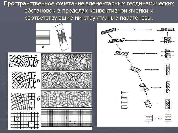 Пространственное сочетание элементарных геодинамических обстановок в пределах конвективной ячейки и соответствующие им структурные парагенезы.