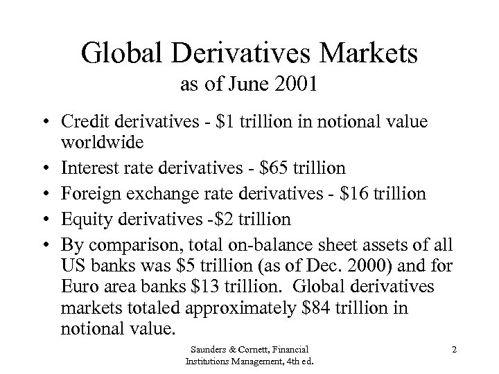 Global Derivatives Markets as of June 2001 • Credit derivatives - $1 trillion in