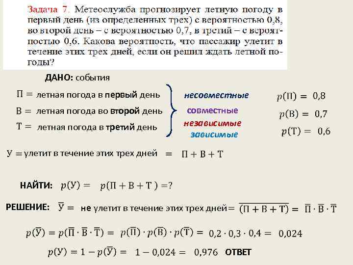 ДАНО: события несовместные летная погода во второй день летная погода в первый день летная