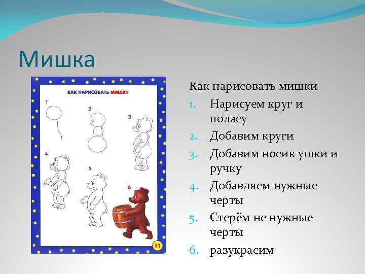 Мишка Как нарисовать мишки 1. Нарисуем круг и поласу 2. Добавим круги 3. Добавим