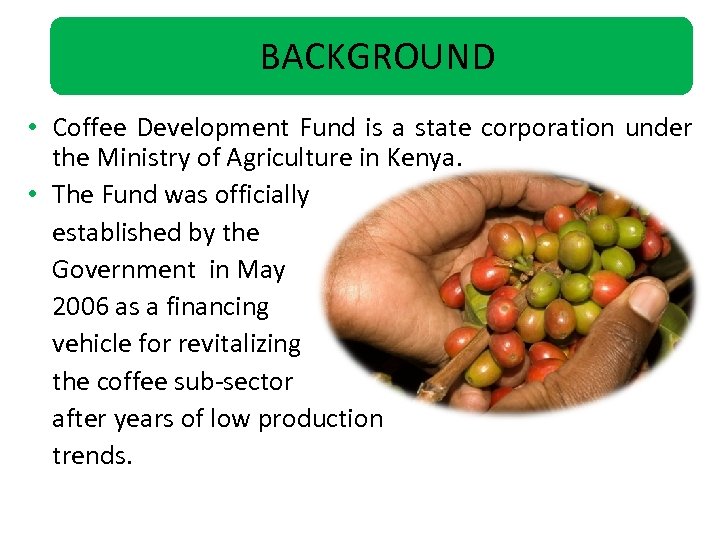 BACKGROUND • Coffee Development Fund is a state corporation under the Ministry of Agriculture