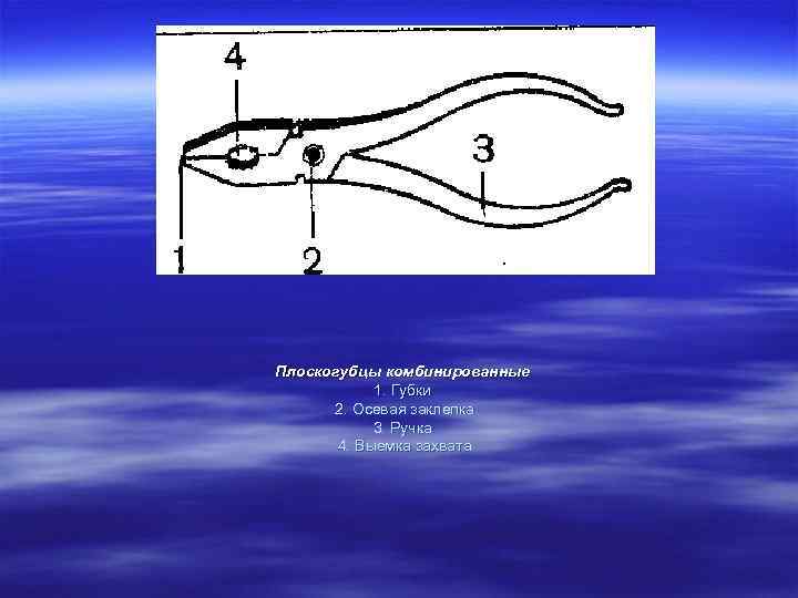 Плоскогубцы комбинированные 1. Губки 2. Осевая заклепка 3. Ручка 4. Выемка захвата 