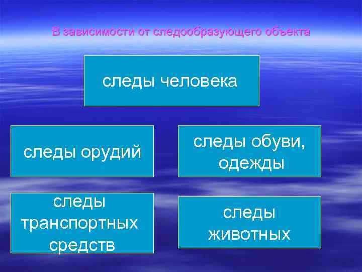 В зависимости от следообразующего объекта следы человека следы орудий следы обуви, одежды следы транспортных