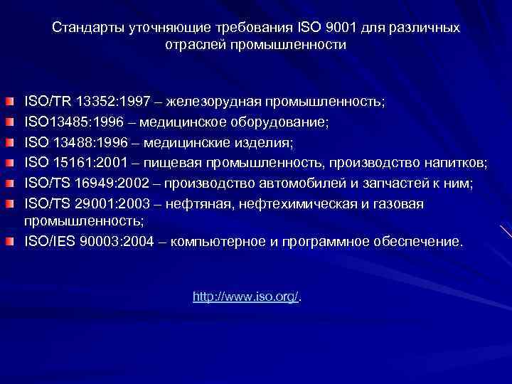 Стандарты уточняющие требования ISO 9001 для различных отраслей промышленности ISO/TR 13352: 1997 – железорудная