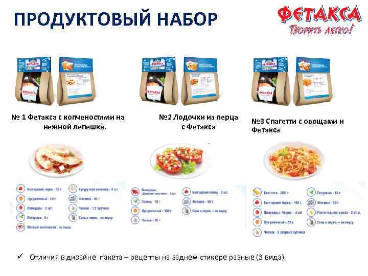 ПРОДУКТОВЫЙ НАБОР № 1 Фетакса с копченостями на нежной лепешке. № 2 Лодочки из