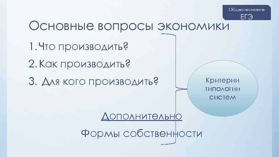 Основные вопросы экономики 1. Что производить? 2. Как производить? 3. Для кого производить? Дополнительно