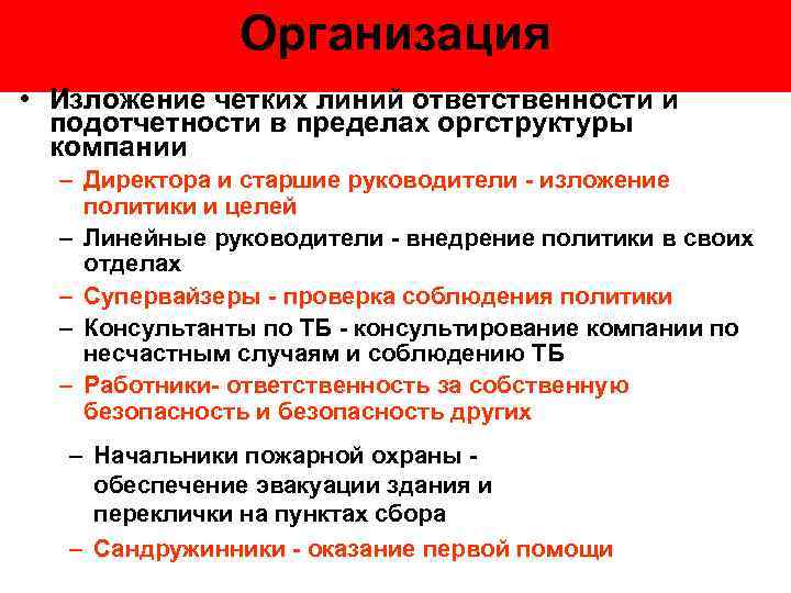 Организация • Изложение четких линий ответственности и подотчетности в пределах оргструктуры компании – Директора