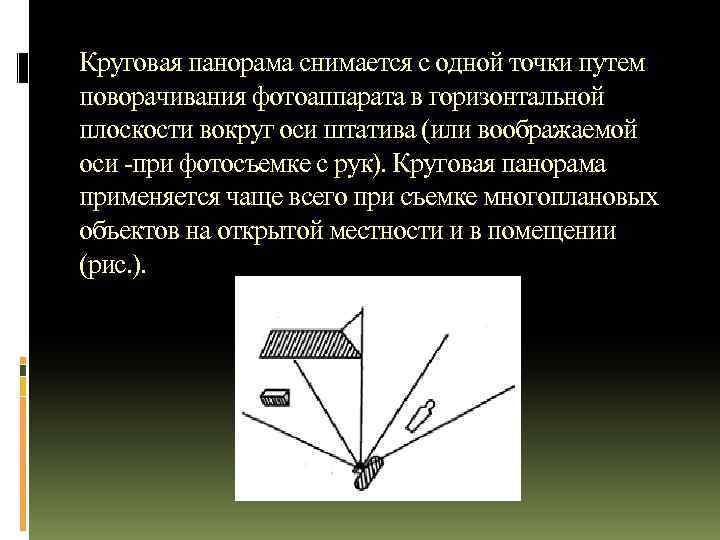 Круговая панорама снимается с одной точки путем поворачивания фотоаппарата в горизонтальной плоскости вокруг оси