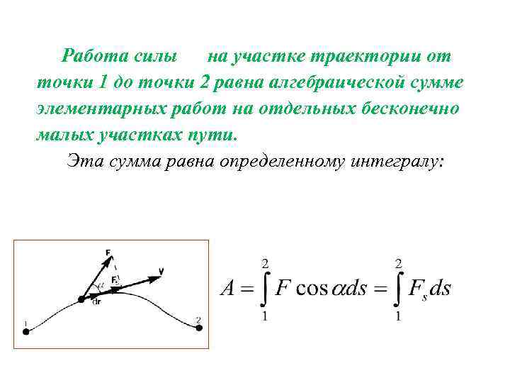 Работа силы на участке траектории от точки 1 до точки 2 равна алгебраической сумме