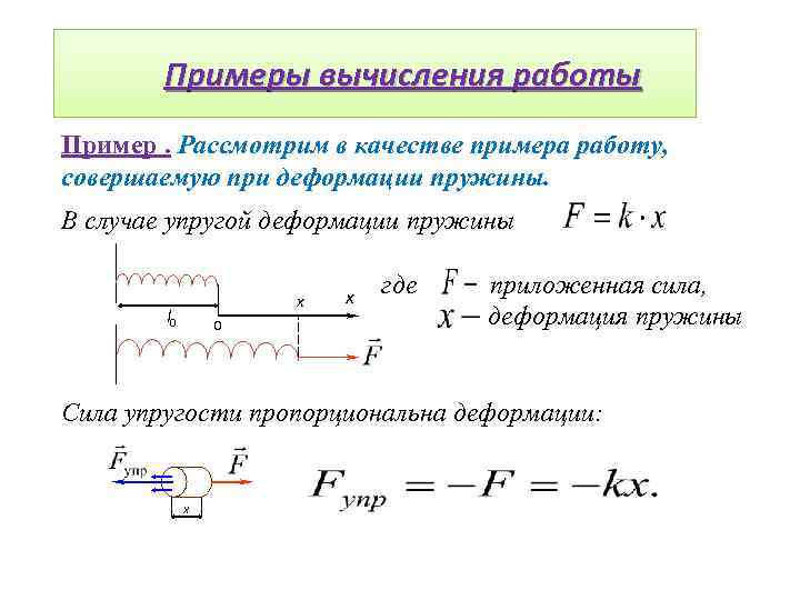 Примеры вычисления работы Пример. Рассмотрим в качестве примера работу, совершаемую при деформации пружины. В