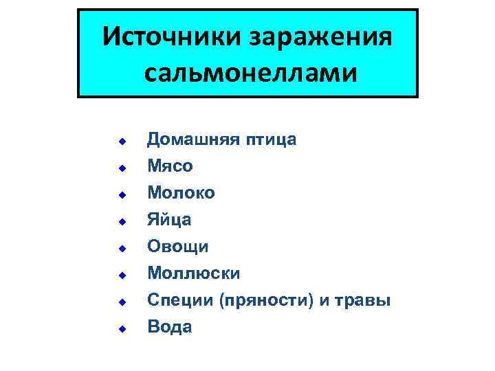 Источники заражения сальмонеллами u Домашняя птица u Мясо u u u Молоко Яйца Овощи