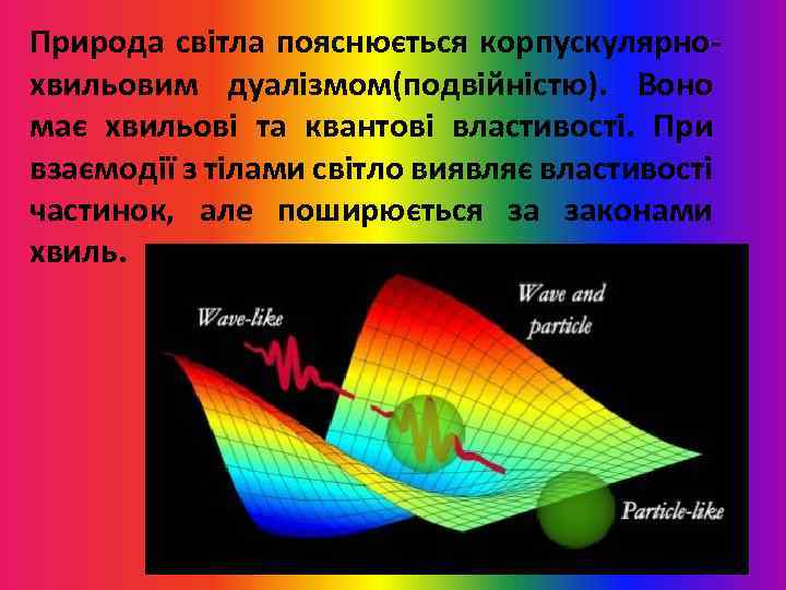 Природа світла пояснюється корпускулярно хвильовим дуалізмом(подвійністю). Воно має хвильові та квантові властивості. При взаємодії