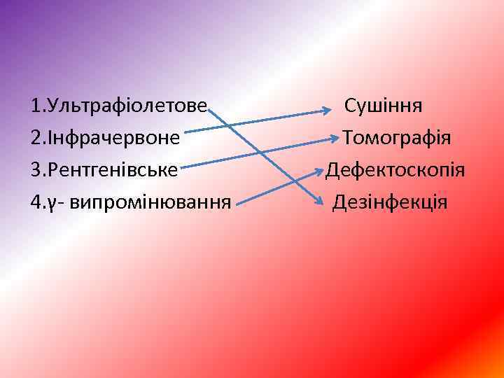 1. Ультрафіолетове Сушіння 2. Інфрачервоне Томографія 3. Рентгенівське Дефектоскопія 4. γ випромінювання Дезінфекція 