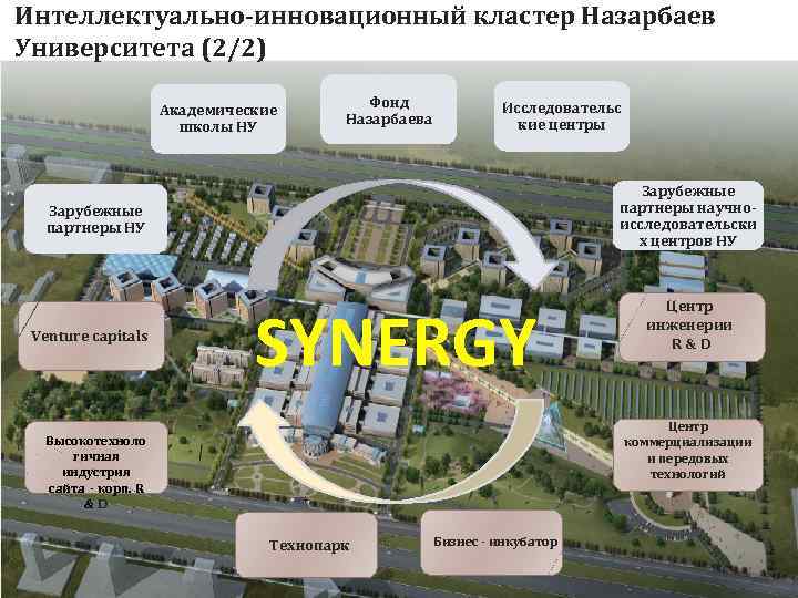 Интеллектуально-инновационный кластер Назарбаев Университета (2/2) Академические школы НУ Фонд Назарбаева Исследовательс кие центры Зарубежные