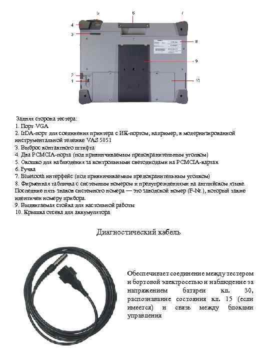 Задняя сторона тестера: 1. Порт VGA 2. Ir. DA-порт для соединения принтера с ИК-портом,