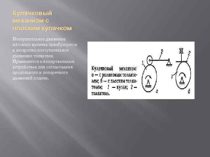 Кулачковый механизм с плоским кулачком Поступательное движение плоского кулачка преобразуется в возвратно-поступательное движение толкателя.