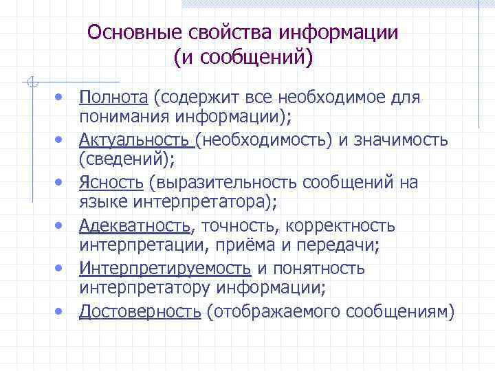 Основные свойства информации (и сообщений) • Полнота (содержит все необходимое для • • •