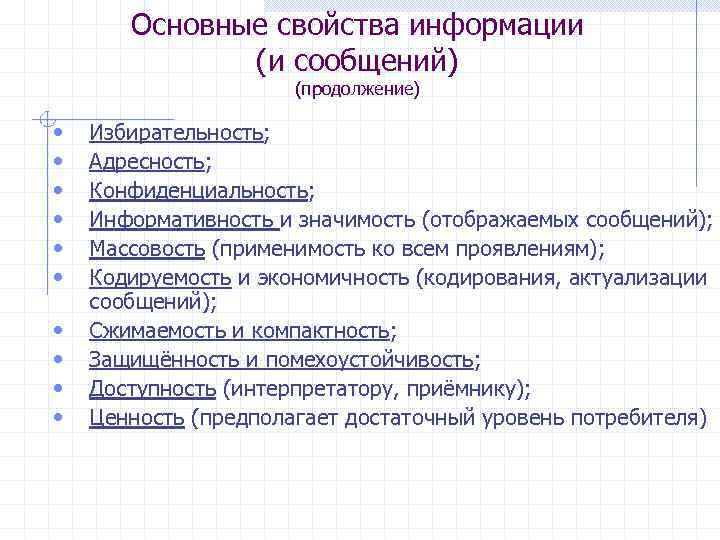 Основные свойства информации (и сообщений) (продолжение) • • • Избирательность; Адресность; Конфиденциальность; Информативность и