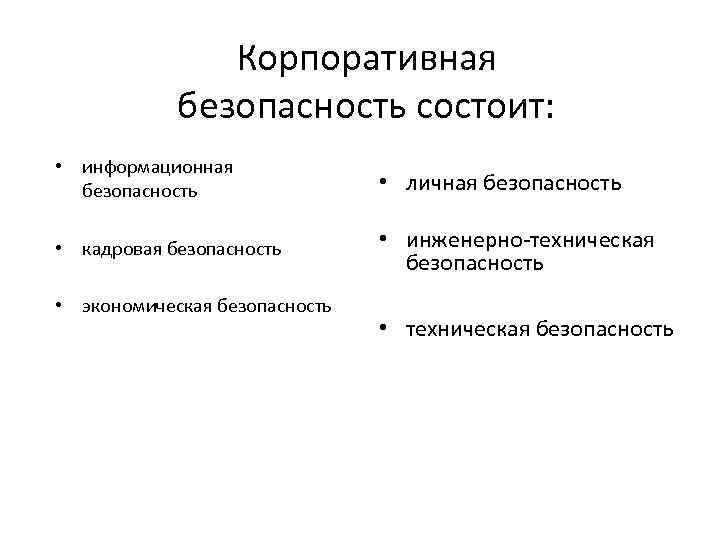 Корпоративная безопасность состоит: • информационная безопасность • личная безопасность • кадровая безопасность • инженерно-техническая