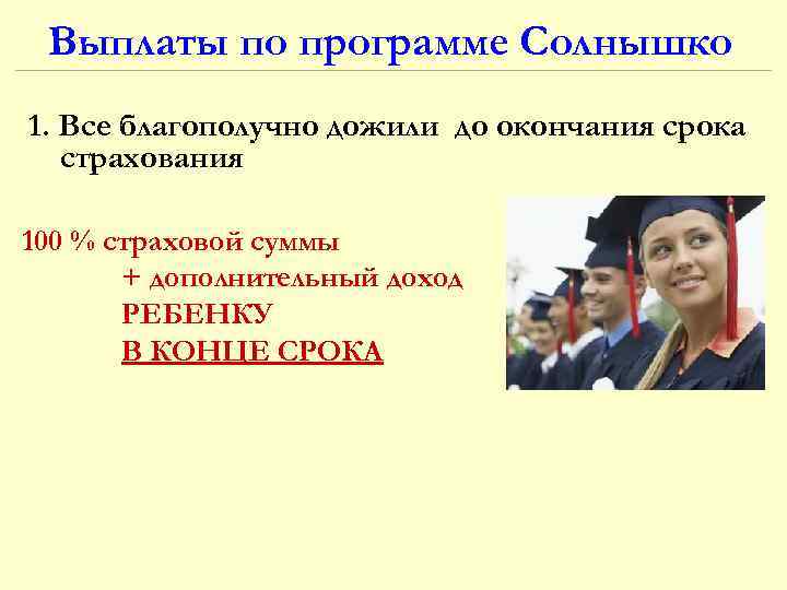 Выплаты по программе Солнышко 1. Все благополучно дожили до окончания срока страхования 100 %