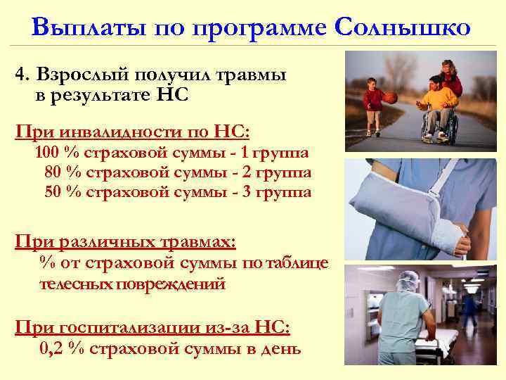 Выплаты по программе Солнышко 4. Взрослый получил травмы в результате НС При инвалидности по
