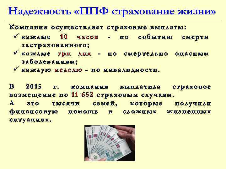 Надежность «ППФ страхование жизни» Компания осуществляет страховые выплаты: ü каждые 10 часов - по