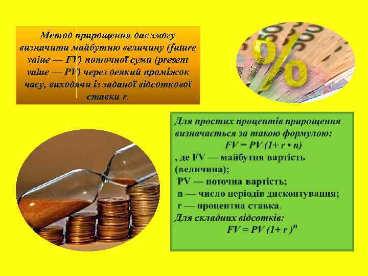 Метод прирощення дає змогу визначити майбутню величину (future value — FV) поточної суми (present