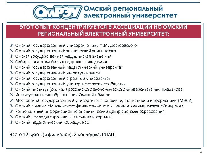 ЭТОТ ОПЫТ КОНЦЕНТРИРУЕТСЯ В АССОЦИАЦИИ НО ОМСКИЙ РЕГИОНАЛЬНЫЙ ЭЛЕКТРОННЫЙ УНИВЕРСИТЕТ: Омский государственный университет им.