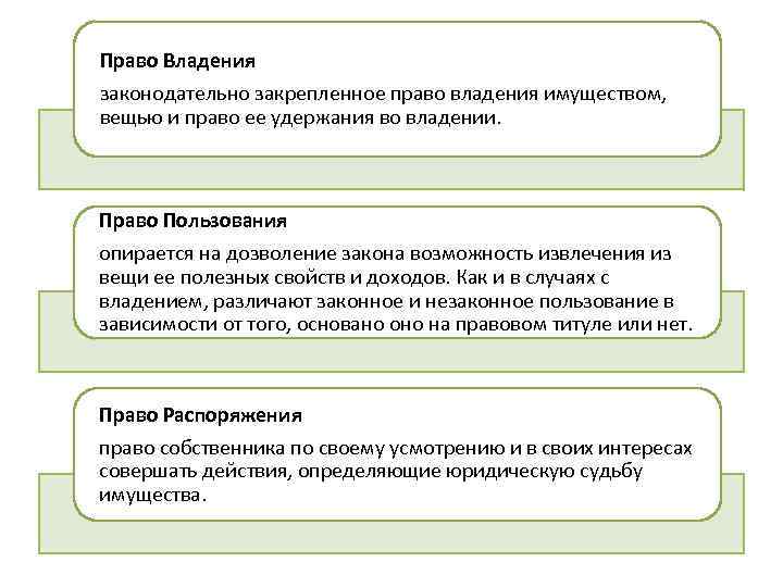 Право Владения законодательно закрепленное право владения имуществом, вещью и право ее удержания во владении.