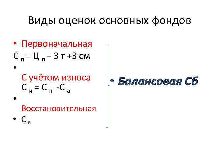 Виды оценок основных фондов • Первоначальная С п = Ц п + З т