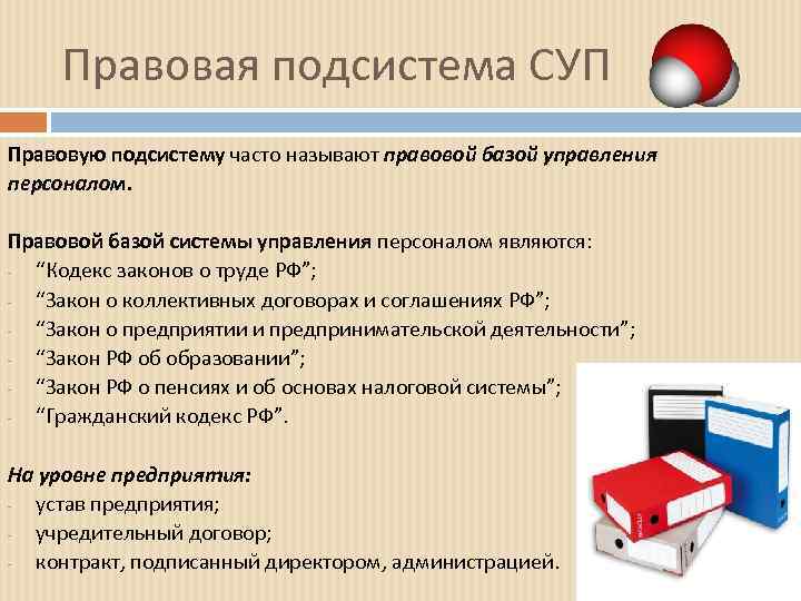 Правовая подсистема СУП Правовую подсистему часто называют правовой базой управления персоналом. Правовой базой системы