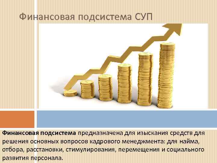 Финансовая подсистема СУП Финансовая подсистема предназначена для изыскания средств для решения основных вопросов кадрового